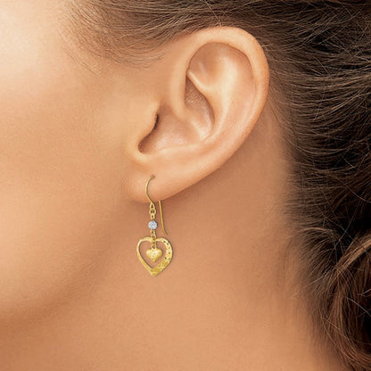 14K Bicolor Satiniert Diamantiert Herz Hängend Hirte Haken Ohrringe