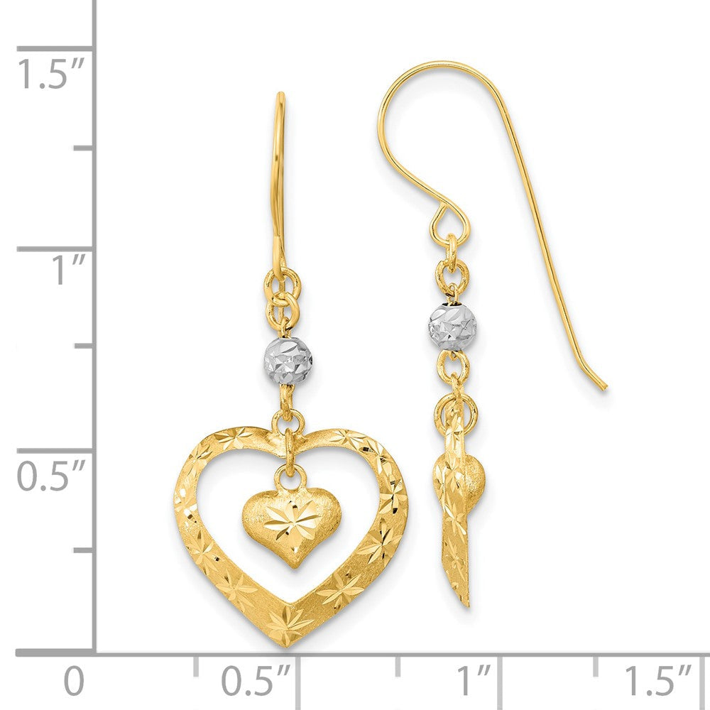 14K Bicolor Satiniert Diamantiert Herz Hängend Hirte Haken Ohrringe