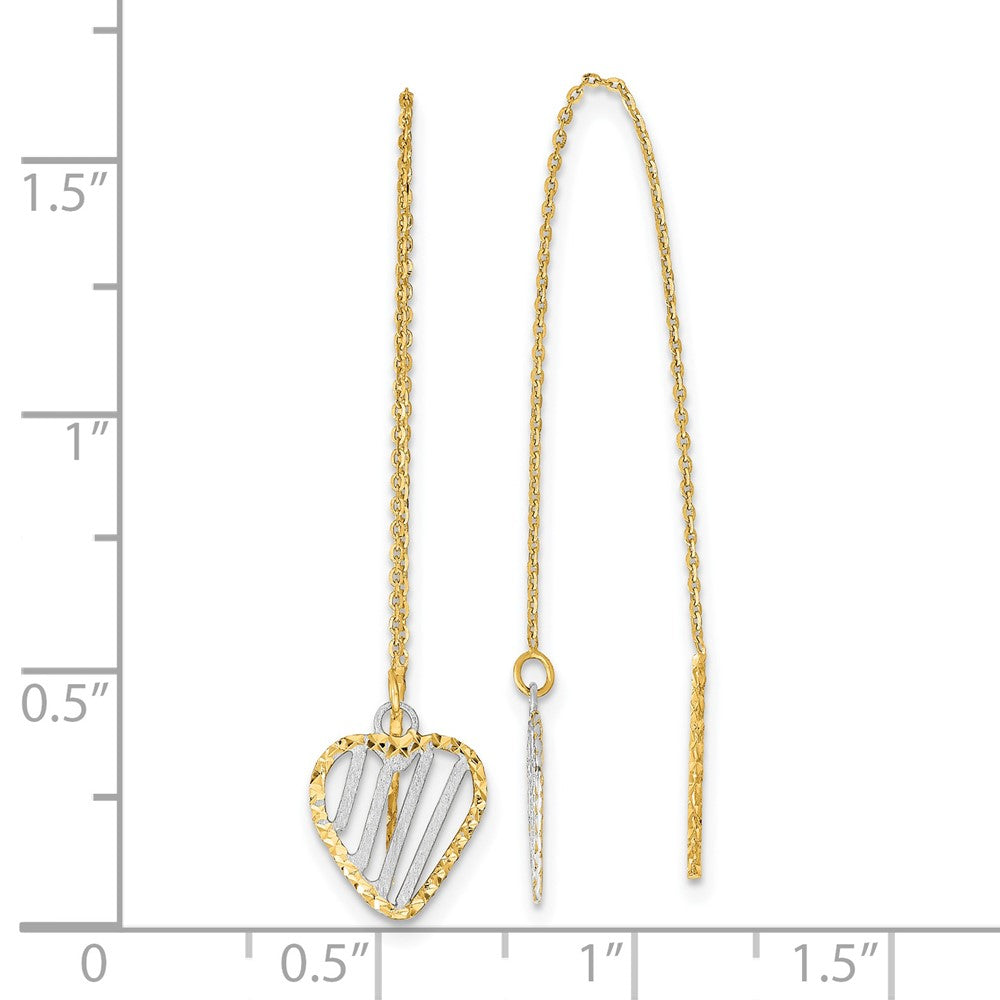 14K Gelb & Rhodium Poliert Satiniert und Diamantiert Herz Durchzieher-Ohrringe