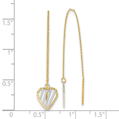 14K Gelb & Rhodium Poliert Satiniert und Diamantiert Herz Durchzieher-Ohrringe