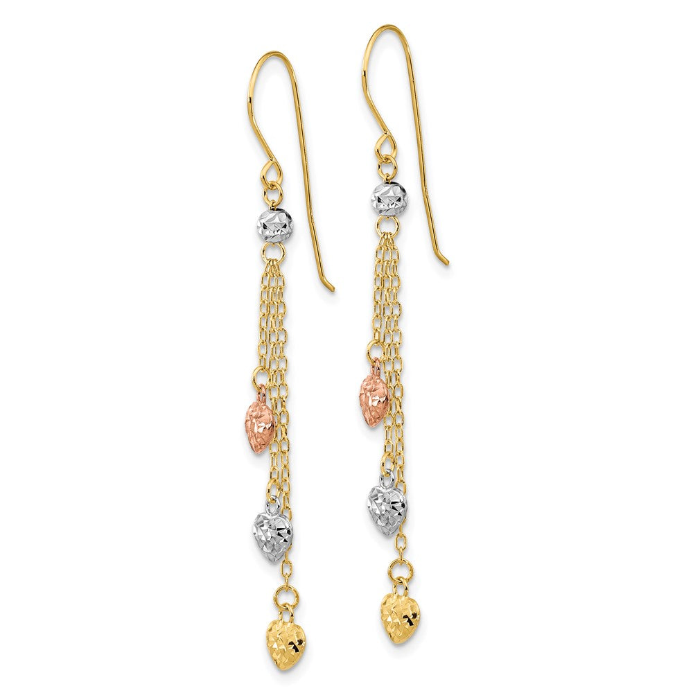14K Tricolor Diamantiert Dreifach Herz Hängend Hirte Haken Ohrringe