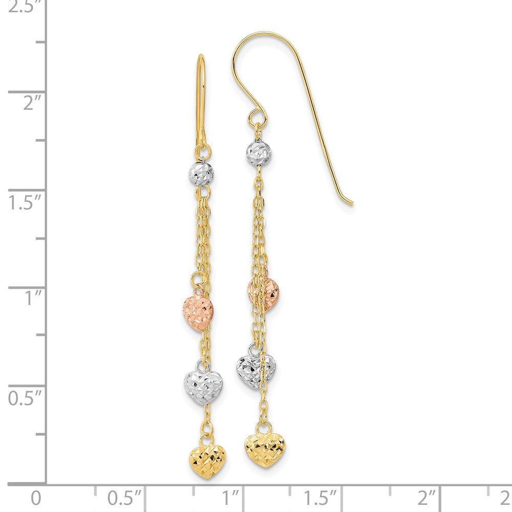 14K Tricolor Diamantiert Dreifach Herz Hängend Hirte Haken Ohrringe