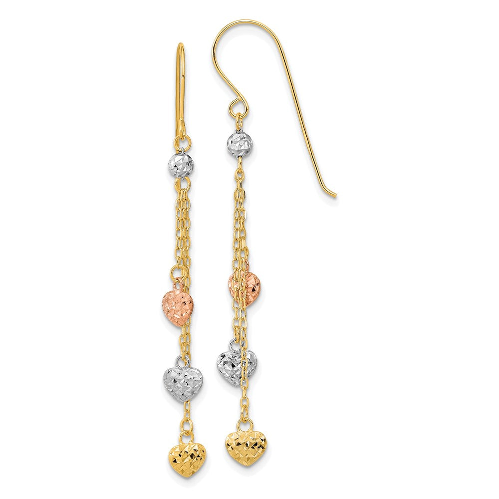 14K Tricolor Diamantiert Dreifach Herz Hängend Hirte Haken Ohrringe