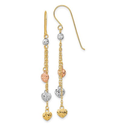 14K Tricolor Diamantiert Dreifach Herz Hängend Hirte Haken Ohrringe