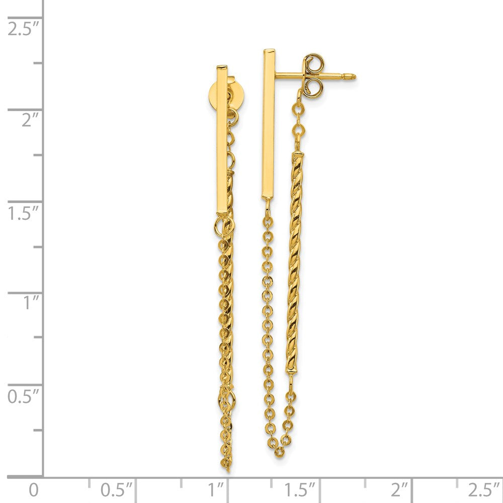 14K Gelbgold Poliert und Gedreht Stab mit Kette Ohrstecker