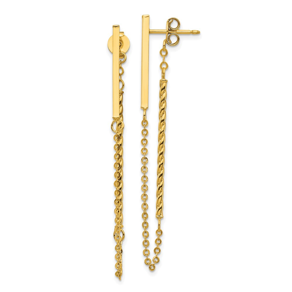 14K Gelbgold Poliert und Gedreht Stab mit Kette Ohrstecker