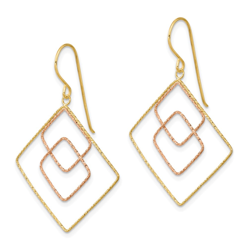 14K Bicolor Diamantiert Abgestuft Quadratisch Hirte Haken Ohrringe