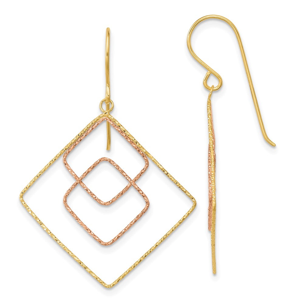 14K Bicolor Diamantiert Abgestuft Quadratisch Hirte Haken Ohrringe
