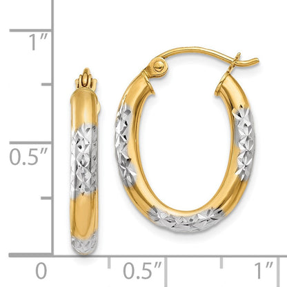 14K Gelb & Rhodium 3mm Diamantiert Oval Hohl Creolen