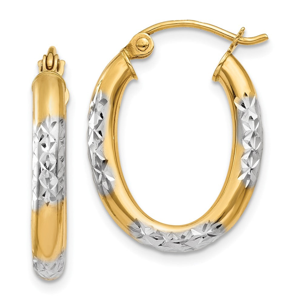 14K Gelb & Rhodium 3mm Diamantiert Oval Hohl Creolen