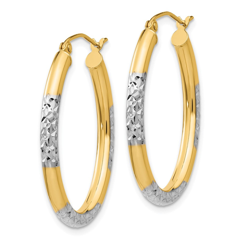 14K Gelb & Rhodium mit Weiß 3mm Diamantiert Oval Hohl Creolen