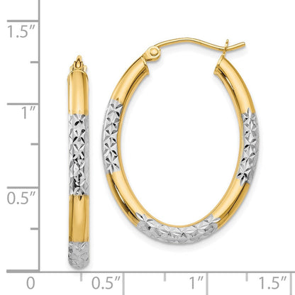14K Gelb & Rhodium mit Weiß 3mm Diamantiert Oval Hohl Creolen