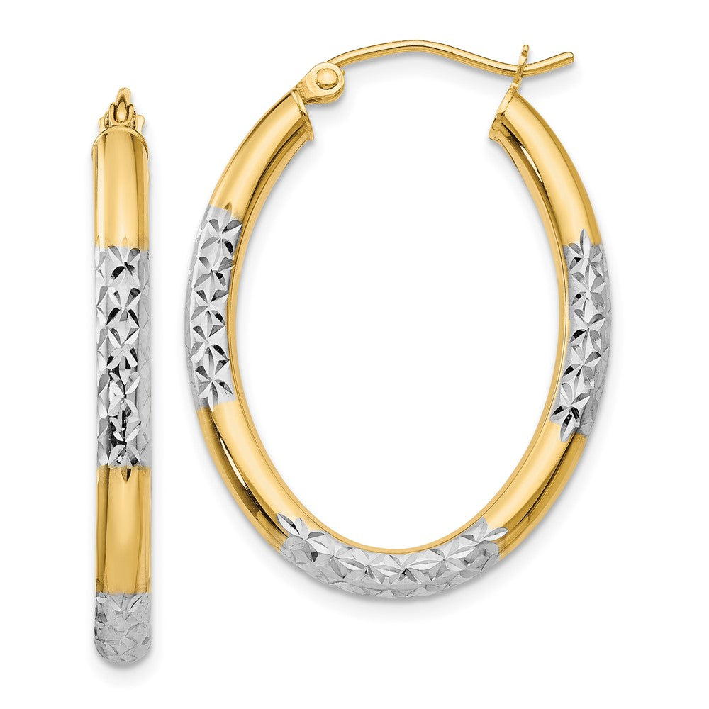 14K Gelb & Rhodium mit Weiß 3mm Diamantiert Oval Hohl Creolen