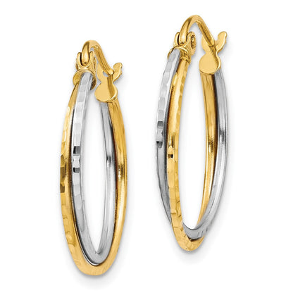 14K Bicolor Gelb und Weißgold Diamantiert Gedreht Creolen