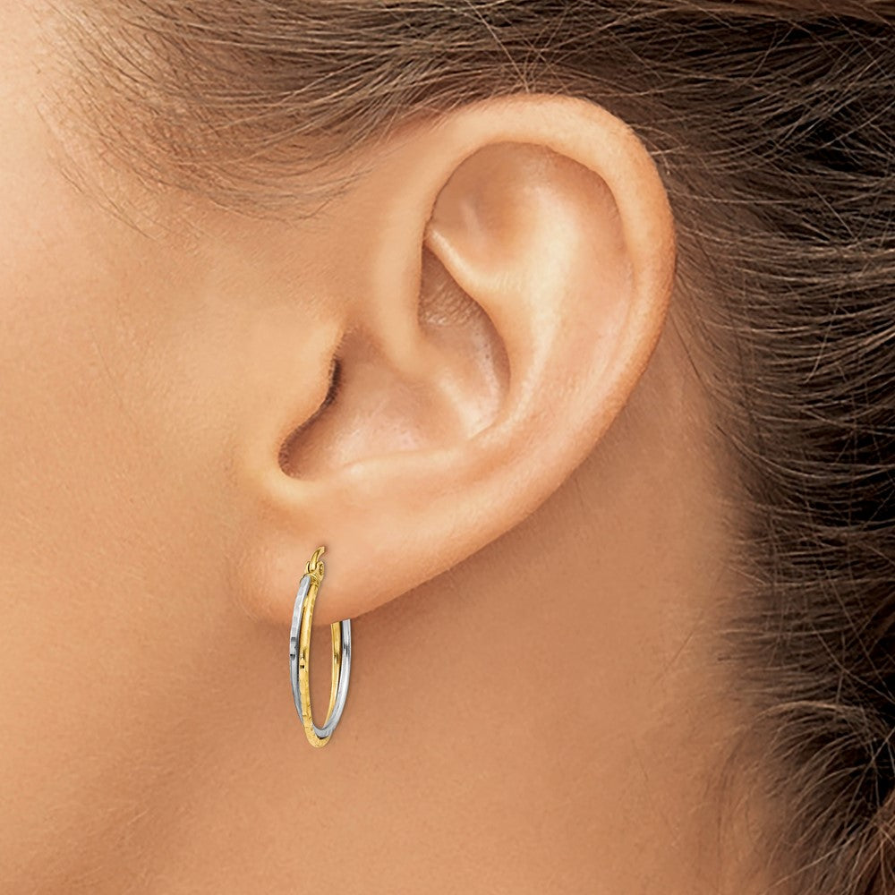 14K Bicolor Gelb und Weißgold Diamantiert Gedreht Creolen