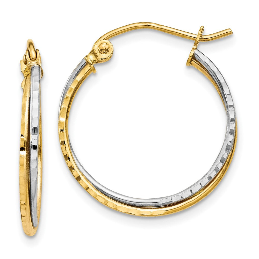 14K Bicolor Gelb und Weißgold Diamantiert Gedreht Creolen