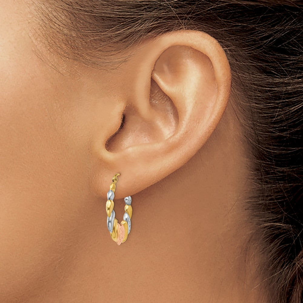 14K Gelb & Rhodium Weiß und Rose Gewellt Herz Creolen