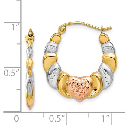 14K Gelb & Rhodium Weiß und Rose Gewellt Herz Creolen