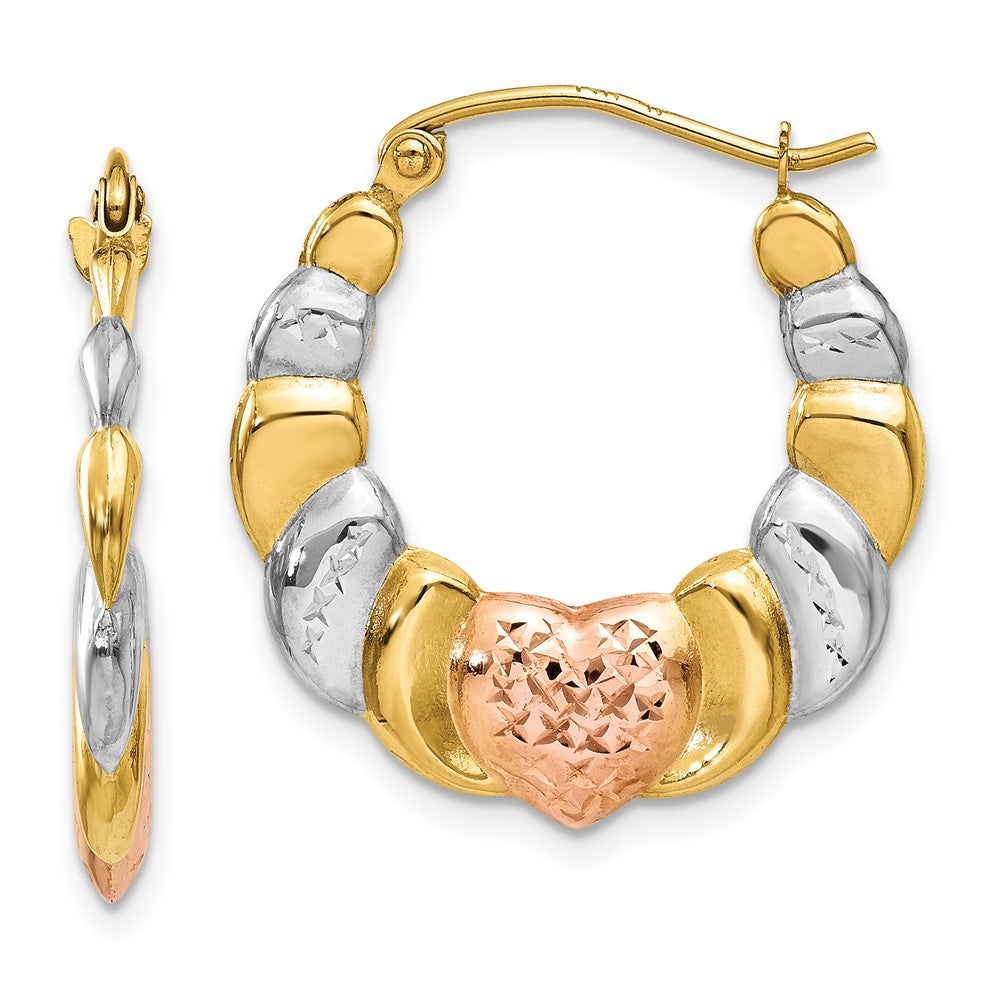 14K Gelb & Rhodium Weiß und Rose Gewellt Herz Creolen