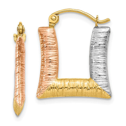 14K Gelb & Rhodium Weiß Rose Hohl Strukturiert Quadratisch Creolen