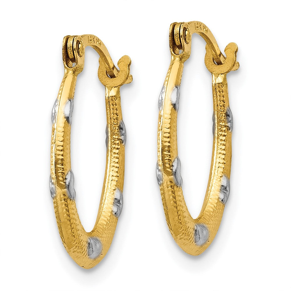 14K Gelb & Rhodium Strukturiert Hohl Oval mit Herzen Creolen