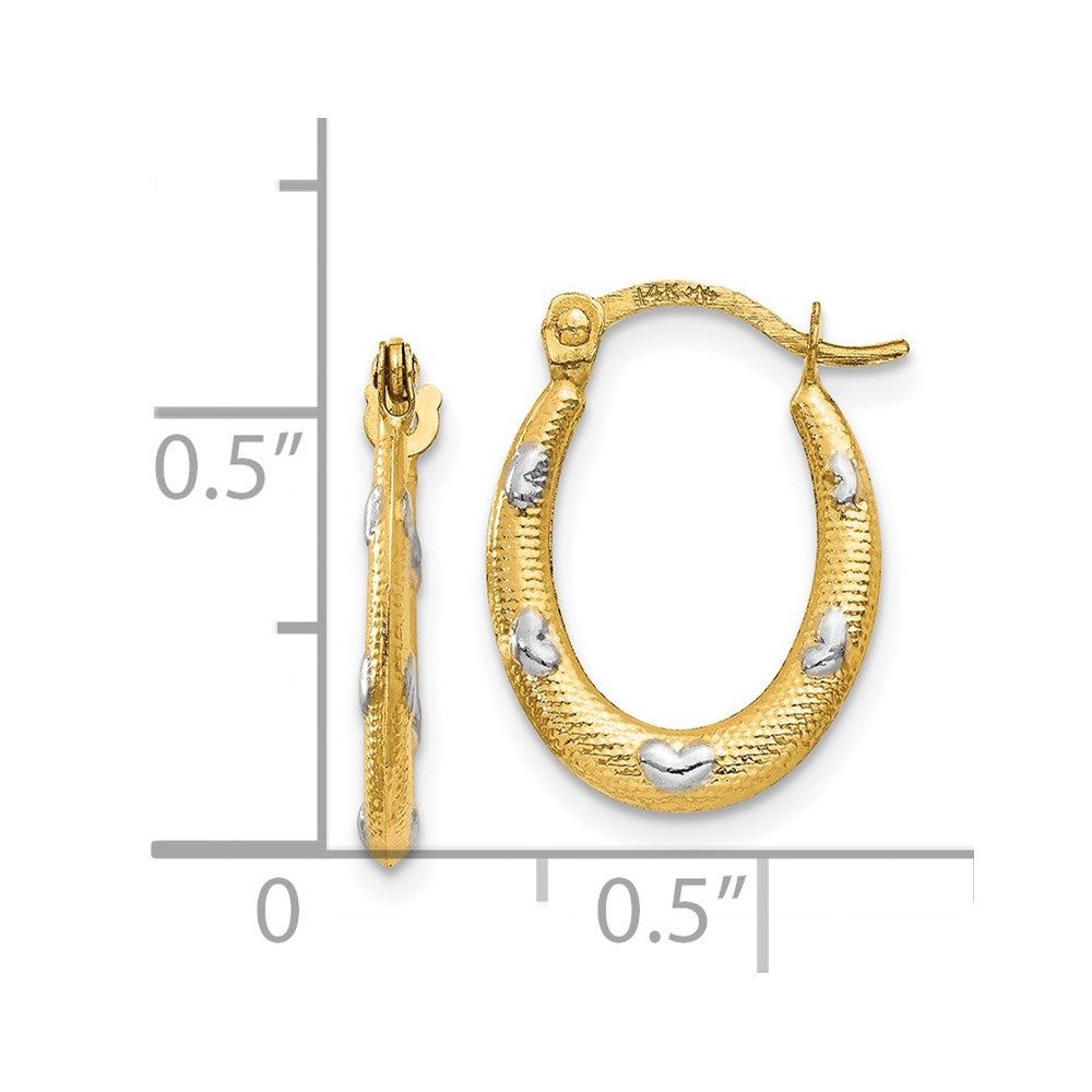 14K Gelb & Rhodium Strukturiert Hohl Oval mit Herzen Creolen