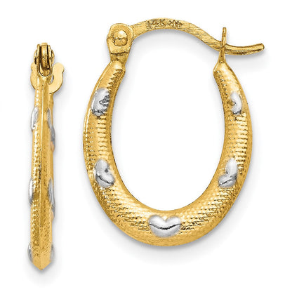 14K Gelb & Rhodium Strukturiert Hohl Oval mit Herzen Creolen