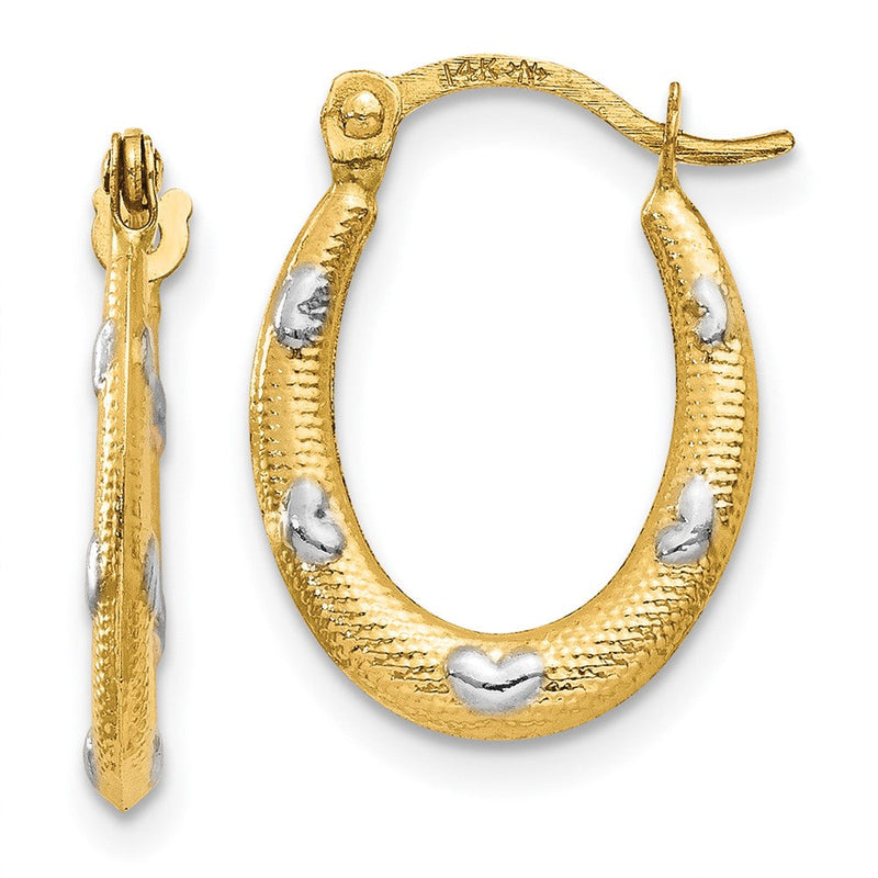 14K Gelb & Rhodium Strukturiert Hohl Oval mit Herzen Creolen
