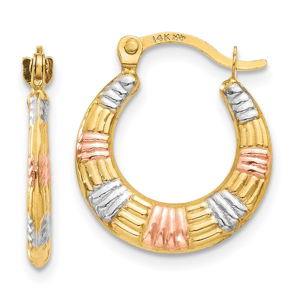 14K Gelb & Rhodium Weiß und Rose Hohl Strukturiert Creolen