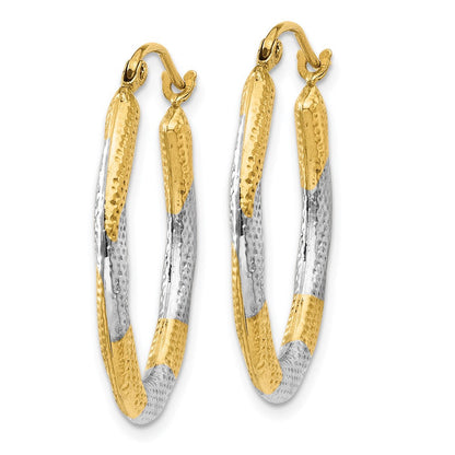 14K Gelb & Rhodium Strukturiert Hohl Oval Creolen