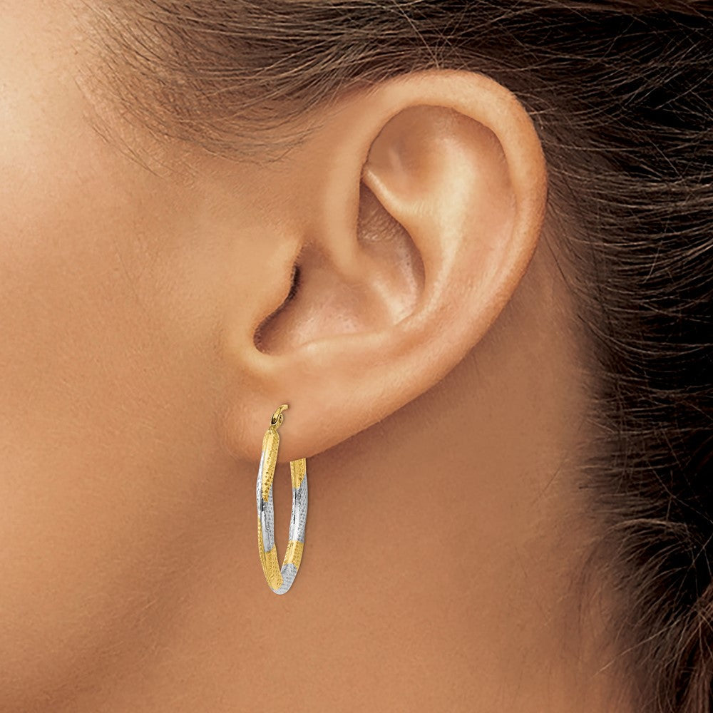 14K Gelb & Rhodium Strukturiert Hohl Oval Creolen