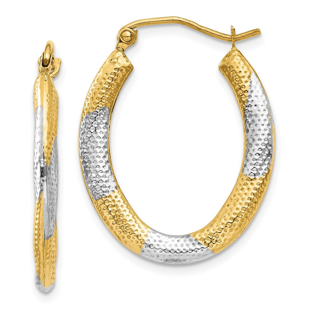 14K Gelb & Rhodium Strukturiert Hohl Oval Creolen