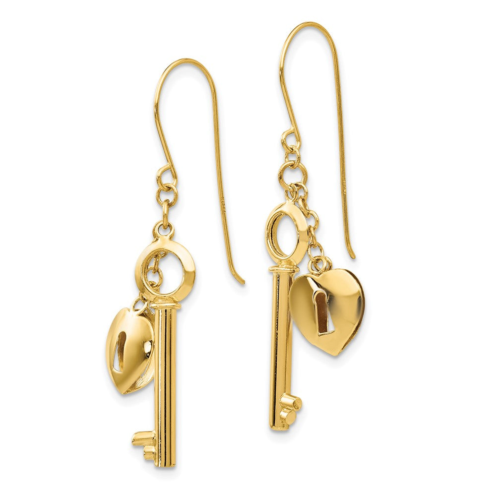 14K Gelbgold Puff Herz Schloss und Key Ohrringe