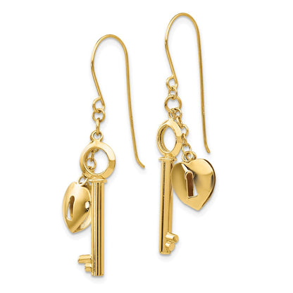 14K Gelbgold Puff Herz Schloss und Key Ohrringe