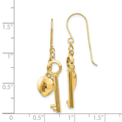 14K Gelbgold Puff Herz Schloss und Key Ohrringe