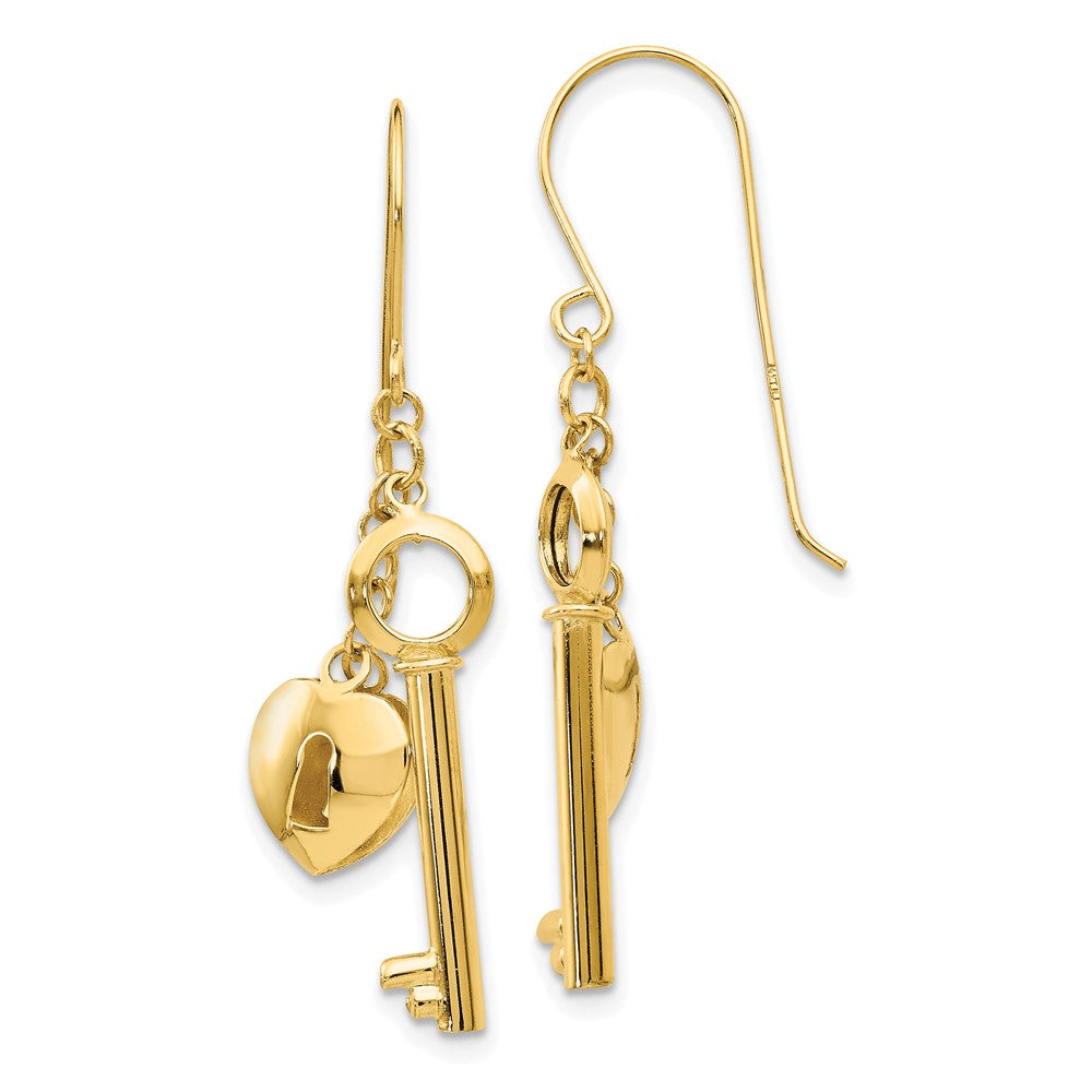 14K Gelbgold Puff Herz Schloss und Key Ohrringe