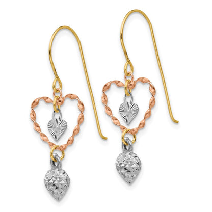 14K Tricolor Diamantiert Herz Ohrhänger