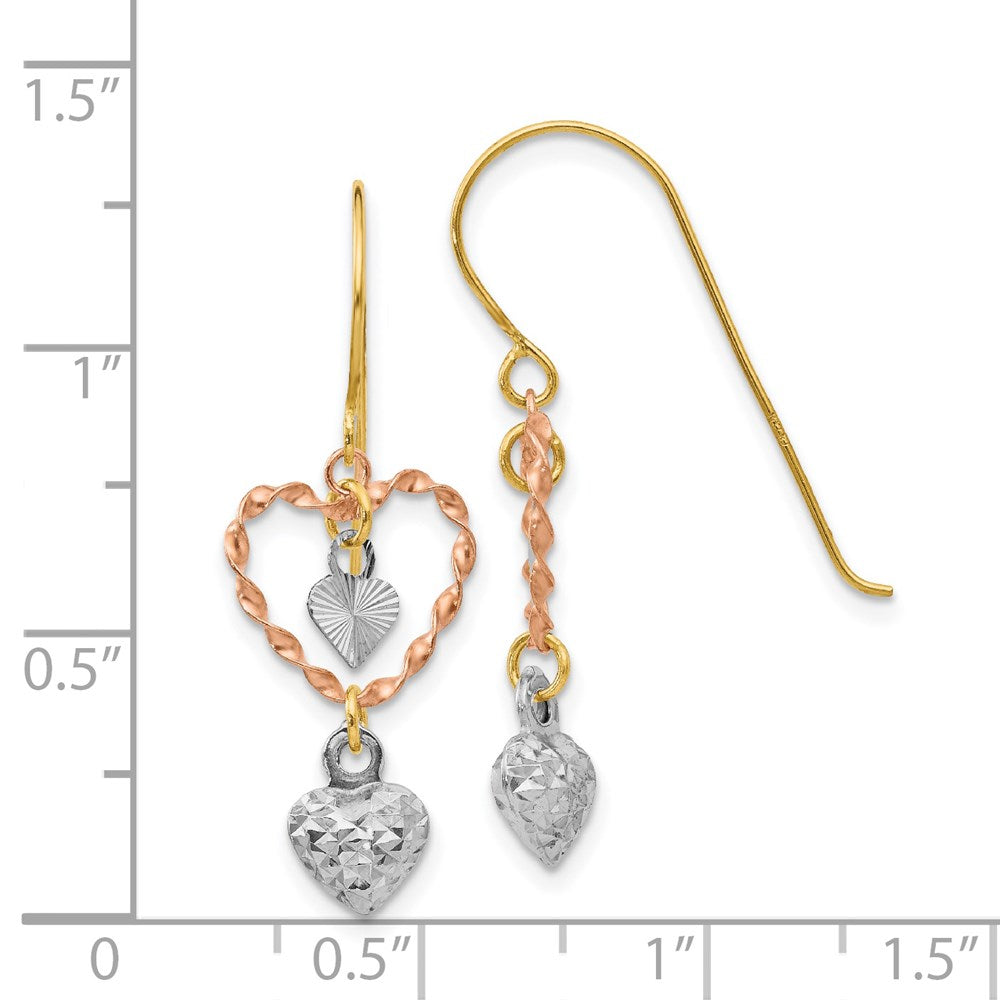 14K Tricolor Diamantiert Herz Ohrhänger