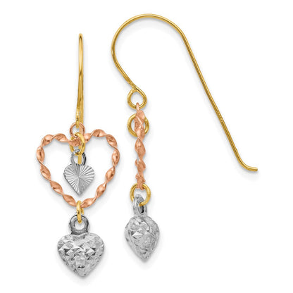 14K Tricolor Diamantiert Herz Ohrhänger