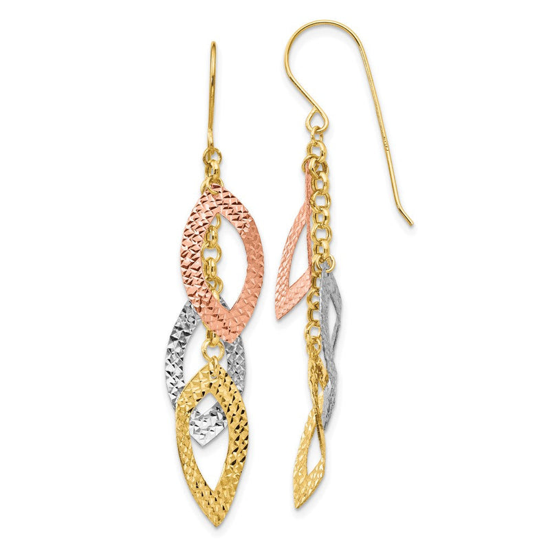 14K Tricolor Diamantiert Tear Tropfen Hirte Haken Ohrringe