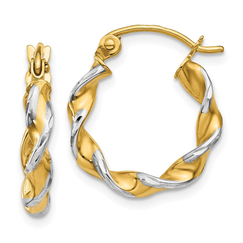 14K Gelb & Rhodium mit Weiß Poliert 2.75mm Fantasie Gedreht Creolen