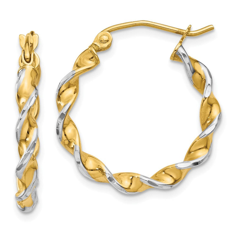 14K Gelb & Rhodium mit Weiß Poliert 2.75mm Fantasie Gedreht Creolen