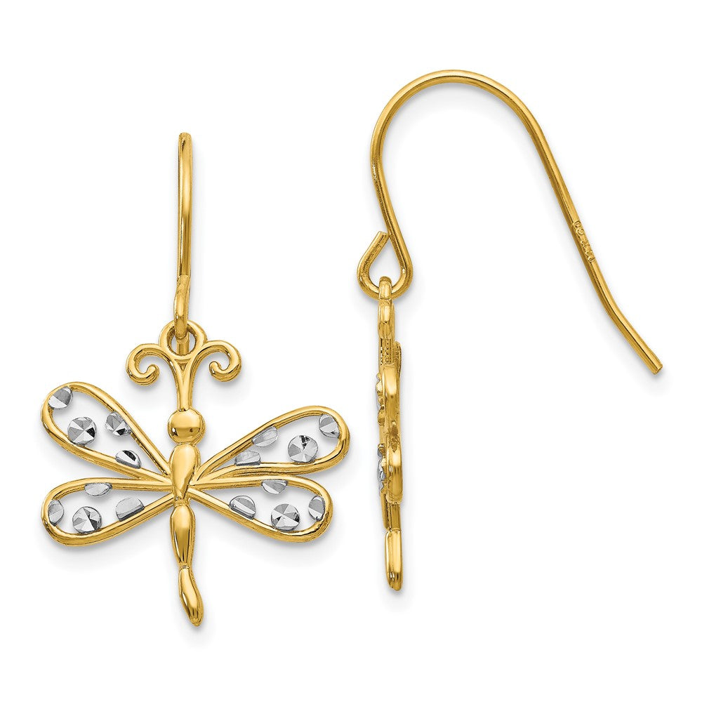14K Gelb & Rhodium Diamantiert Libelle Hirte Haken Ohrringe