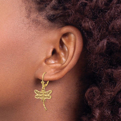 14K Gelbgold Libelle mit Filigran Flügel Ohrhänger mit Brisur