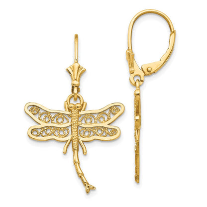 14K Gelbgold Libelle mit Filigran Flügel Ohrhänger mit Brisur