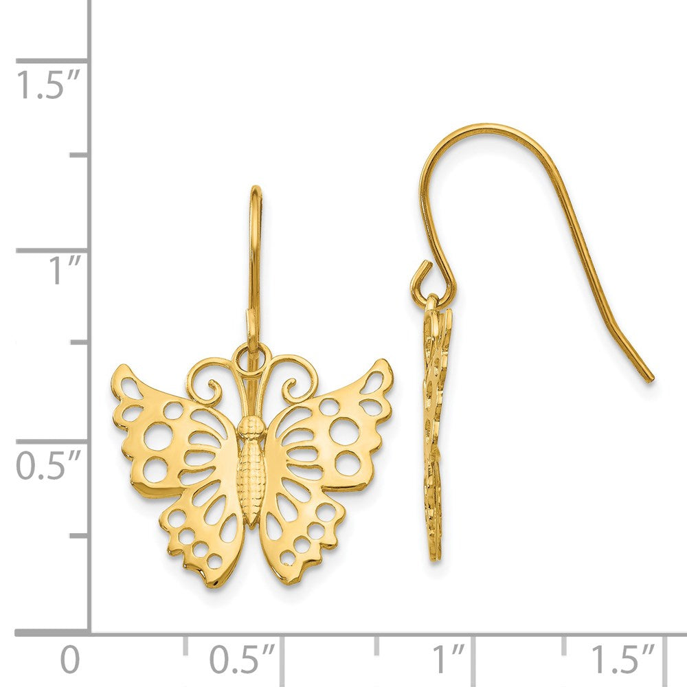 14K Gelbgold Hängend Schmetterling Hirte Haken Ohrringe