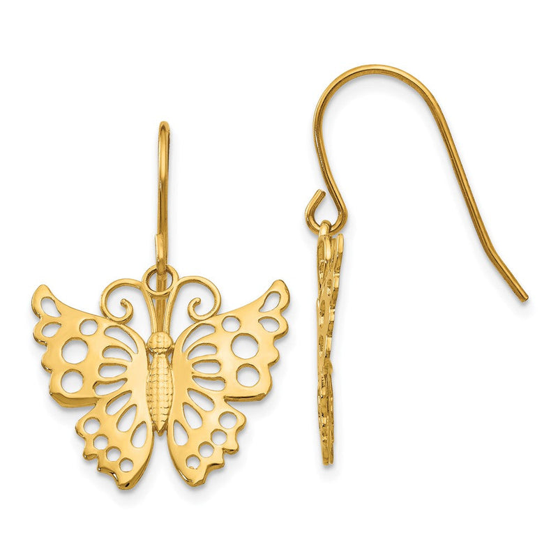 14K Gelbgold Hängend Schmetterling Hirte Haken Ohrringe