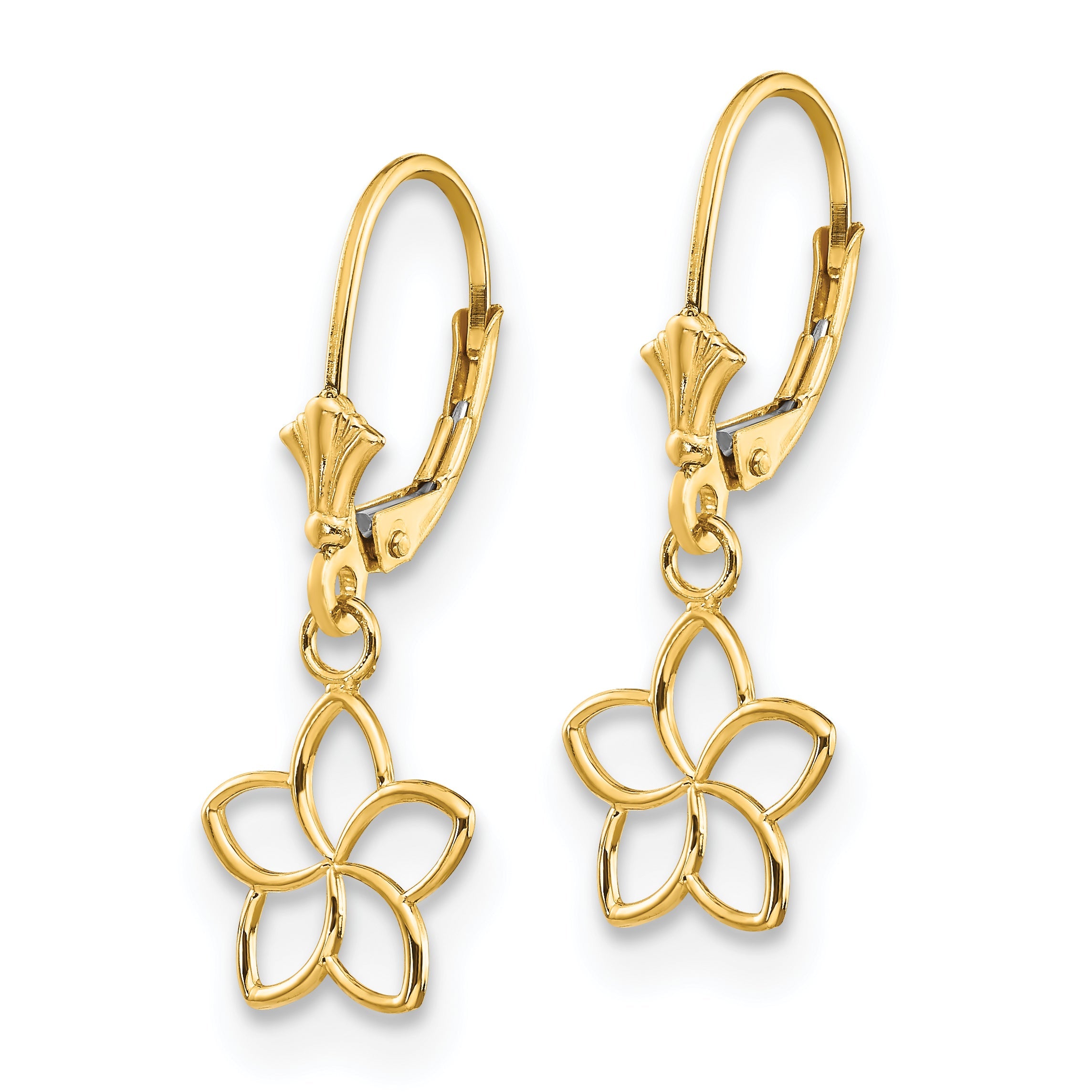 14K Gelbgold Poliert Ausgeschnitten Blume Lever Rückseite Ohrringe