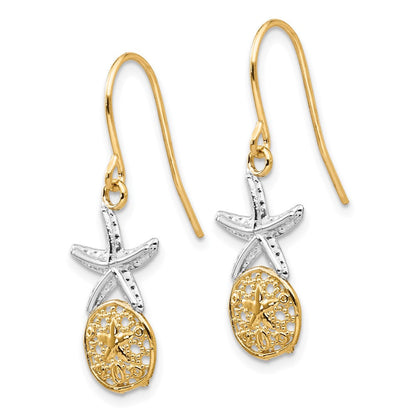 14K Gelb & Rhodium Seestern mit Sand Dollar Hirte Haken Ohrringe
