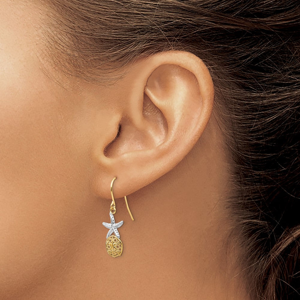 14K Gelb & Rhodium Seestern mit Sand Dollar Hirte Haken Ohrringe